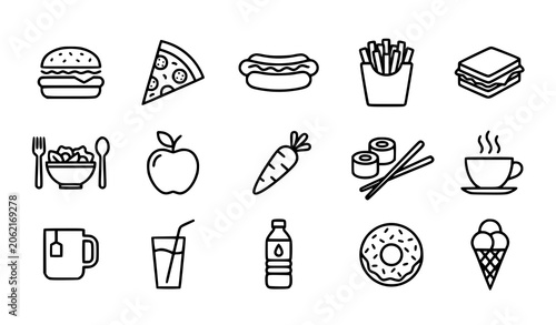 Canvastavla Food and drink line icon set with fast food healthy meals and beverages vector p