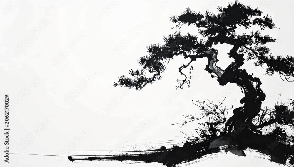 Fototapeta premium Elegant Black Ink Bonsai Tree Painting on White Background.