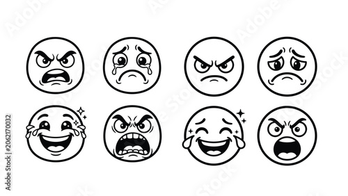Photos A set of eight emoticon faces with various expressions on isolated white backgro