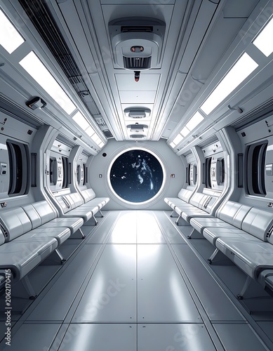 A futuristic spacecraft interior with a large round window showing Earth (1)