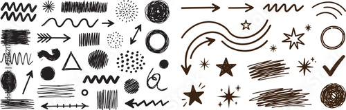 Hand drawn doodle vector elements set with arrows stars circles and scribble brush strokes for graphic design