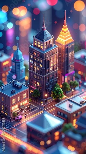 A miniature cityscape at night with illuminated buildings