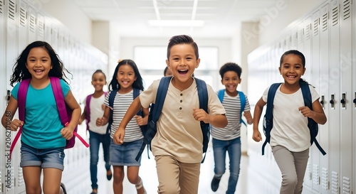 Group of diverse elementary school children running happily through a school hallway