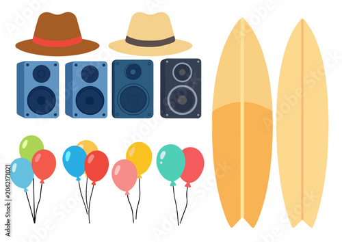 Beach party clip art set with speakers, surfboards, and balloons, colorful summer