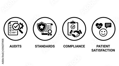 Set of medical audit and healthcare standards icons for quality compliance