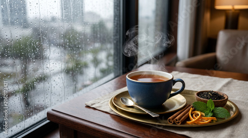 Steaming hot tea in a blue ceramic cup on a golden tray next to a rain-streaked window on a cozy rainy day