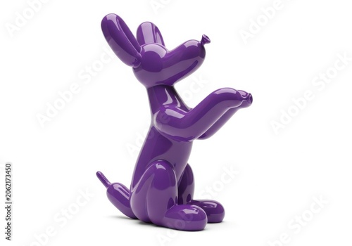 Purple shiny rabbit figurine sitting with arms raised isolated on white background