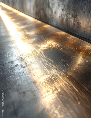 A shiny metal surface reflecting light with a wall