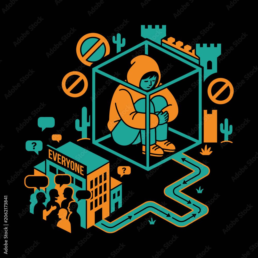 Obraz premium Conceptual illustration of social anxiety and isolation showing a person trapped in a glass box.