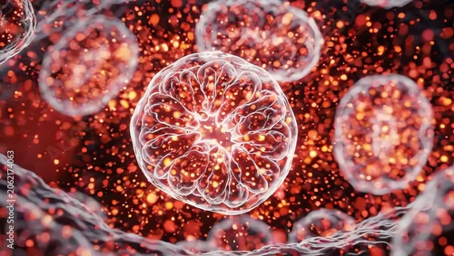 Cells generating body heat, glowing thermal energy particles emerging from transparent mitochondria and spreading through cellular structures