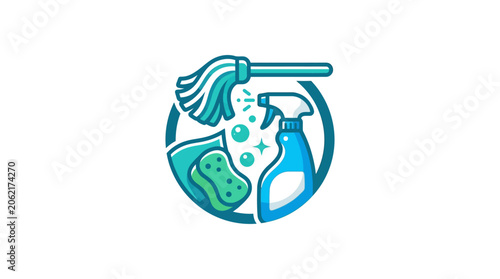 Obraz na plátně Cleaning supplies logo with broom.