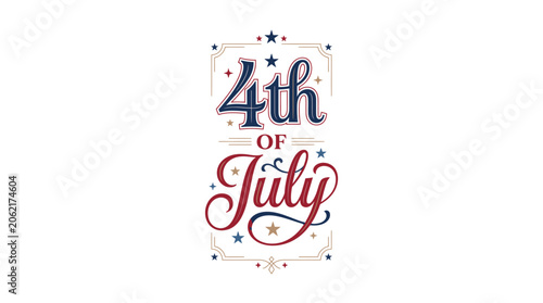 Vintage style 4th of July script in ornate frame.