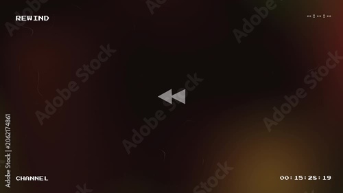 Vintage VHS rewind screen effect with analog glitch noise, tracking lines, flashing rewind symbol, and counting down timecode on a dark abstract colorful background
