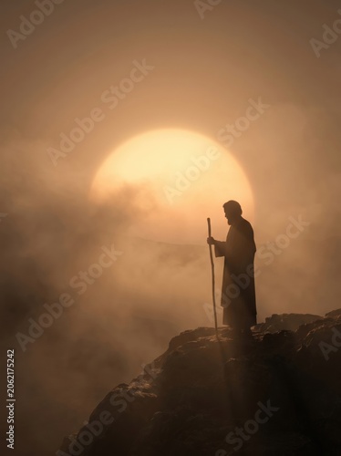 A dark silhouette of Abraham looking toward the promised land with a massive glowing sun behind him low on the horizon in thick atmospheric fog

