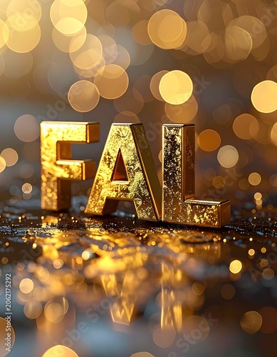 Golden letters on wet surface with bokeh background