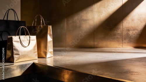 Luxury gold and black paper shopping bags on metallic floor with dramatic lighting ideal for premium brand retail marketing and boutique advertising background