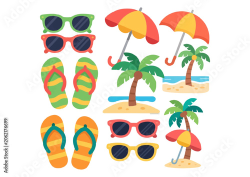 Tropical beach accessories clip art set with sunglasses, flip flops, and umbrella, colorful summer