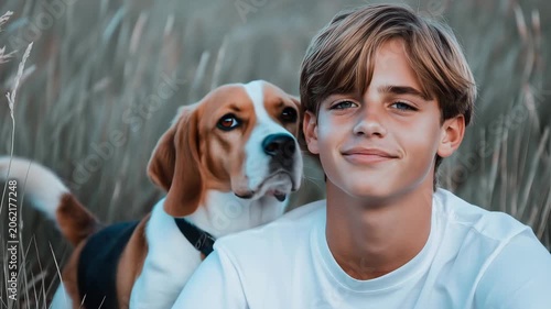 Boy sits next to dog in tall grass while looking up at the sky in a summer field during the day