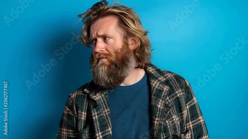 Man with a beard shows surprise in front of a blue background while touching his hair inside a studio