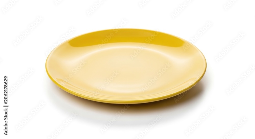 Obraz premium Empty round yellow ceramic plate on white background.