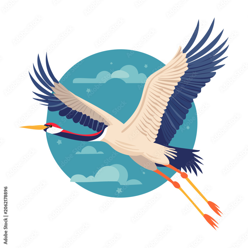 Obraz premium Flat design illustration of a flying crane bird