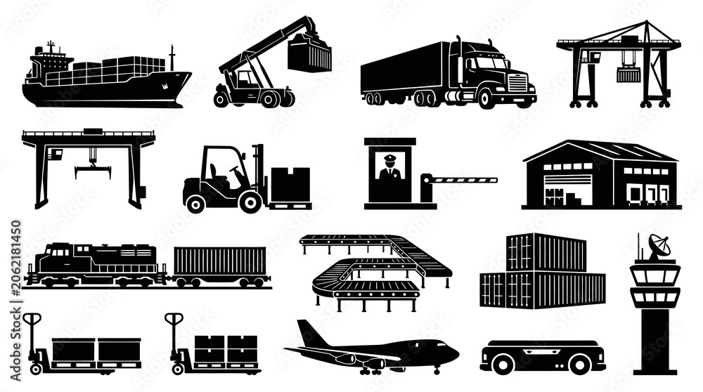 Obraz premium Shipping and Logistics Icons: Cargo Ship, Truck, Train, Plane, Crane, Warehouse