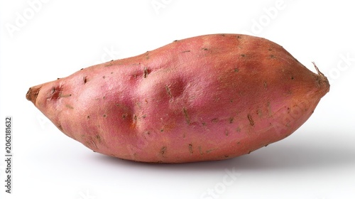 Whole raw tuber vegetable displays reddish-brown skin isolated on white background