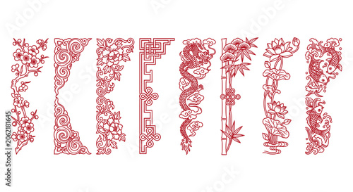 Photos Traditional Chinese red line art borders, set of 8 oriental decorative corner fr