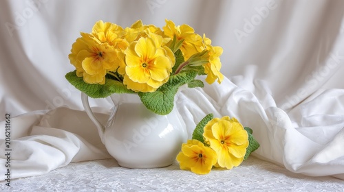 Bright yellow flowers are displayed in a white ceramic pitcher surrounded by flowing white fabric.