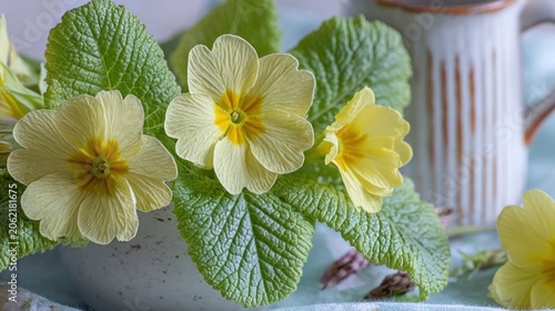 Several pale yellow blossoms with deeply textured green foliage rest near a ceramic pitcher.