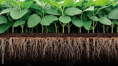 Young green plants display dense fibrous roots extending deep into the dark earth below a surface layer