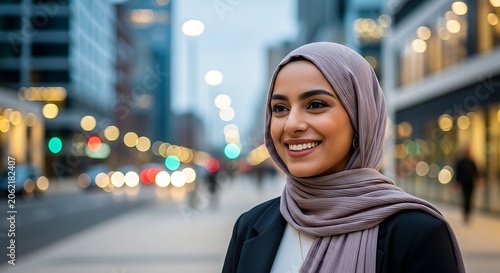 Young professional woman wearing hijab smiling.