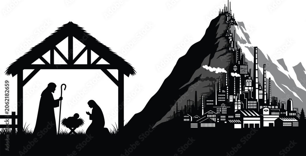 Obraz premium Nativity silhouette, industrial contrast, spiritual vs modern, black and white, Christmas theme, vector clipart, line art, stock illustration, environmental message, tradition vs technology