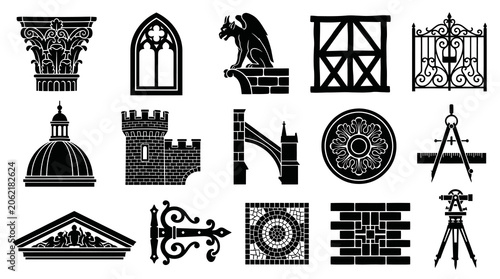 Architectural  Construction Engineering Glyphs: Building Elements, Design Tools  Structure Icons Set