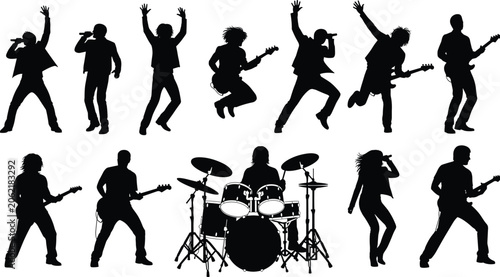 Cuadro en lienzo Musician silhouettes, rock concert, stage performance, vector clipart, band illu