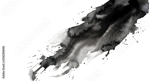 Black ink wash splash on white background, abstract watercolor paint stroke, expressive sumi-e style brush texture for artistic graphic design