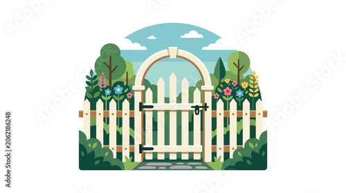 Schilderij op canvas A charming white wooden picket fence with a central arched garden gate
