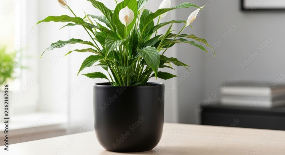 Fototapeta premium Peace lily houseplant in black pot on desk.