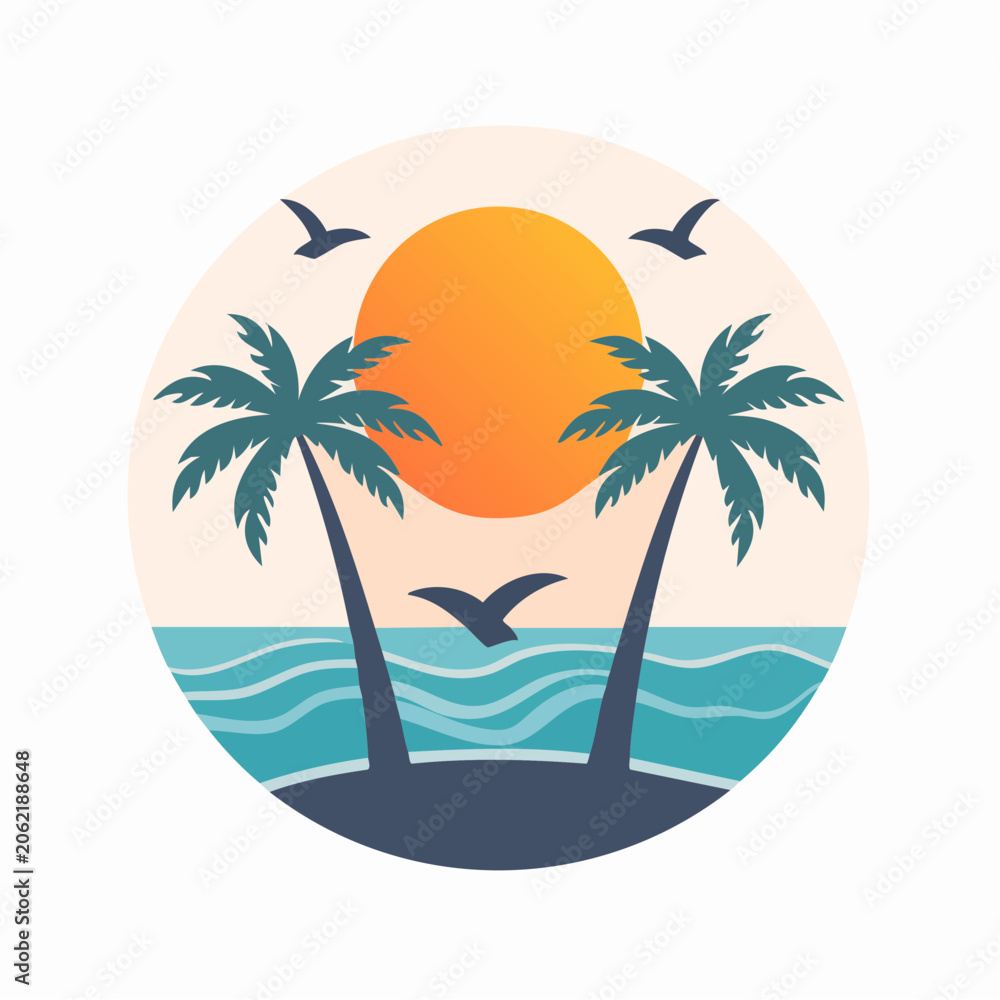 Obraz premium Tropical Beach Sunset with Palm Trees and Seagulls