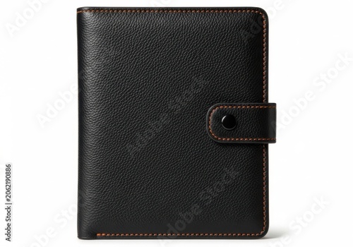 Black leather personal planner or notebook with orange stitching isolated on white background