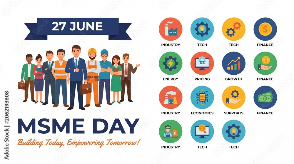 Fototapeta premium MSME Day celebration vector set, Micro Small and Medium Enterprises icons, business growth and entrepreneurship illustrations for 27 June