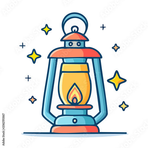 Flat design illustration of a vintage oil lamp with flame