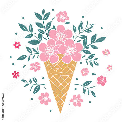 Ice cream cone with pink flowers and green leaves illustration