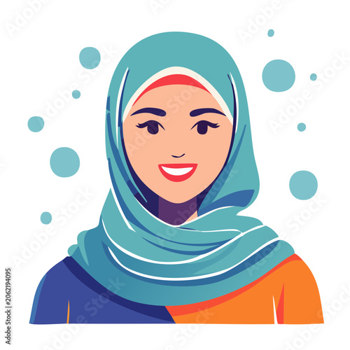 Smiling woman wearing teal hijab, flat vector illustration