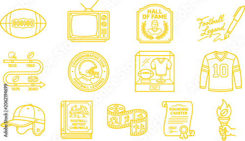 American football sport icon set in yellow line art style with football american equipment coaching strategy illustration minimalist collection training elements championship professional
