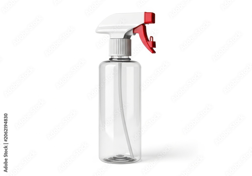 Naklejka premium Empty transparent plastic spray bottle with red trigger isolated on white background