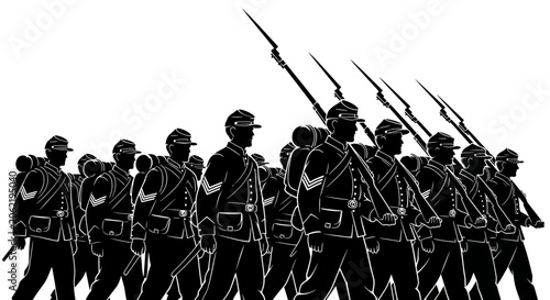Fotografía American civil war soldiers marching in formation with rifles