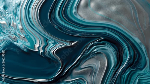 Abstract Fluid Art Background Featuring Swirling Waves of Teal and Silver Liquid Paint for Modern Visual Design and Creative Wallpaper