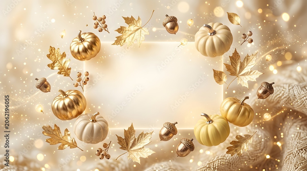 Obraz premium Golden autumn leaves and acorns scattered on soft white fabric abstract background