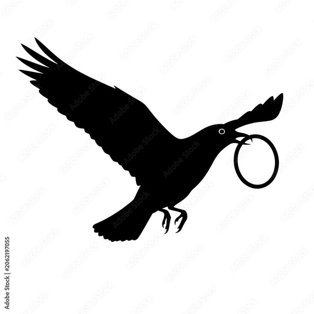 Fototapeta premium Black crow bird flying and carrying a gold ring isolated on transparent background